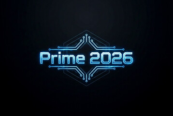 Prime 2026: A futuristic digital logo design features neon blue text embedded within a geometric circuit board-inspired frame, all set against a sleek black backdrop.