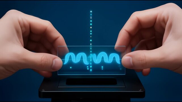 Hands holding transparent slide with glowing wave pattern and dots illustrating facilitated diffusion concept science and technology above black