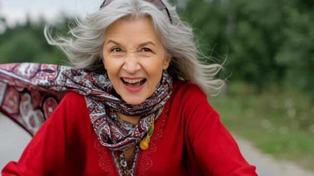 Joyful older woman cycling outdoors with flowing gray hair and patterned scarf smiling while riding bicycle along country road with joyful surprised