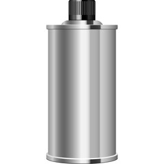 Silver Metal Canister with Black Cap and Transparent Background Minimalist Design