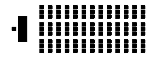Auditorium seating plan top view. Schema of seats in classroom or lectorium, meeting or conference, training or seminar event. Tribune, desk and visitors chairs symbols. Vector graphic illustration