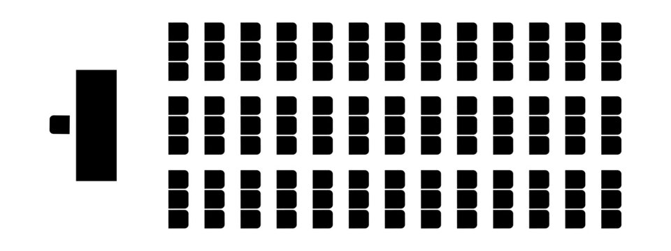 Auditorium seating plan top view. Schema of seats in classroom or lectorium, meeting or conference, training or seminar event. Tribune, desk and visitors chairs symbols. Vector graphic illustration