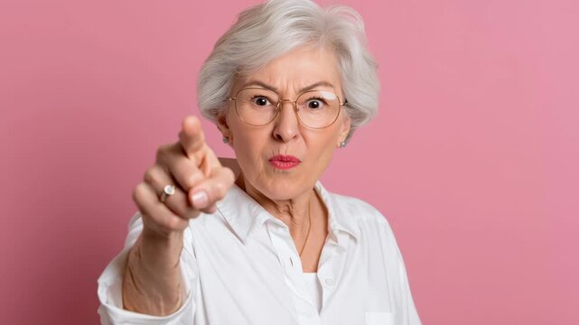 Angry elderly woman senior woman pointing finger white hair glasses pink background white shirt shouting portrait studio assertive smiling