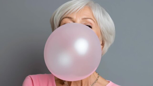 Elegant elderly woman with silver hair blowing pink bubblegum bubble, playful senior portrait pastel top and necklace, studio pink background