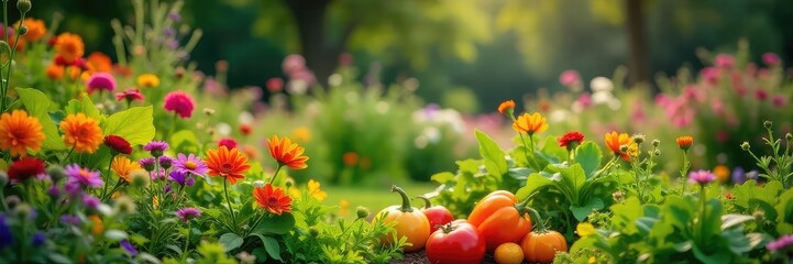 A vibrant senior community garden bursting with colorful flowers and fresh vegetables, symbolizing the joy and fulfillment of retirement , happy, pension, flowers