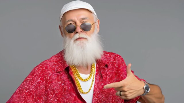 Cool bearded senior man with white beard wearing sunglasses and gold chain in red patterned shirt pointing at camera with confident smile