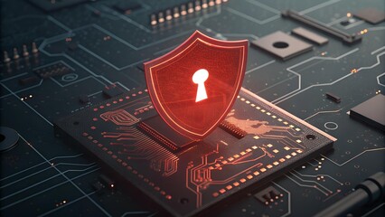 Security shield with a keyhole over a circuit board highlights digital safety