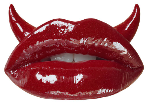 Red lips with playful devil horns create a bold, mischievous look.