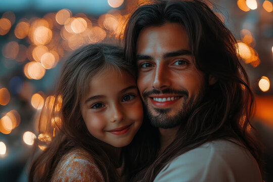 A heartwarming portrait of a father and daughter sharing a loving embrace, surrounded by beautiful bokeh lights, symbolizing affection, warmth, and cherished family bonds.