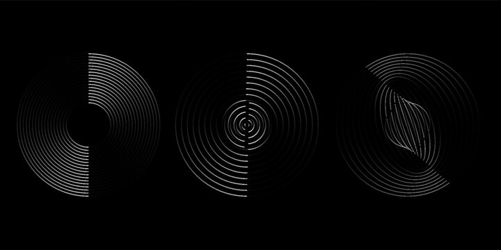Sound pulsation circles set. Vector illustration of purple radio waves isolated on black background.