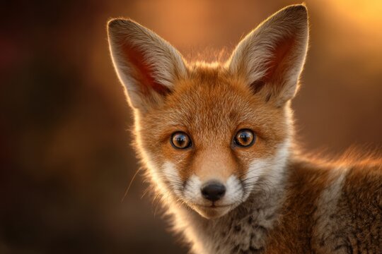Fox cub close-up with shiny eyes and a sly little smile.