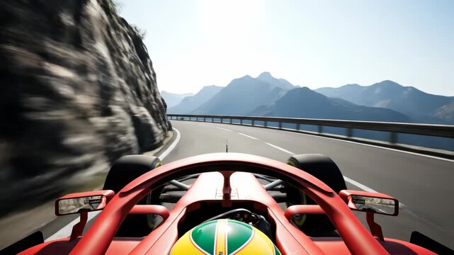 Formula 1 Race Car Driving Through Mountain Road