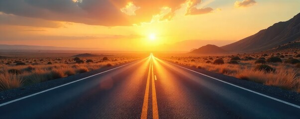 Endless asphalt ribbon disappearing into a hazy, sun-drenched horizon, promising adventure and open road freedom Perfect for travel, wanderlust, and vacation themes , summer road trip, open road