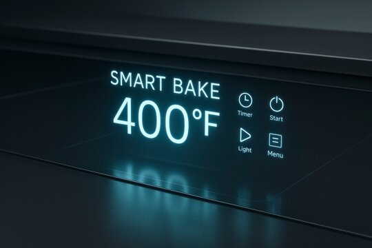 A modern AI oven display showing a temperature of 400°F. The sleek design features a digital interface with buttons for timer, start, and menu options.