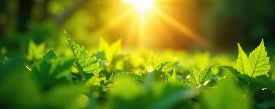 Golden hour sunlight streams through lush green leaves, illuminating a vibrant summer scene Perfect for summer, vacation, and nature themes , summer, golden hour, flora