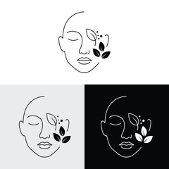 face with leaf line logo icon illustration