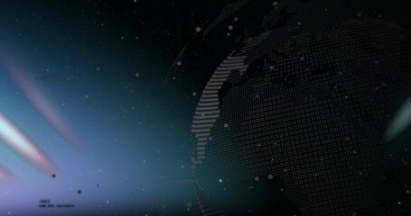 Displaying dotted digital globe on right in virtual space, emitting light streaks with nodes