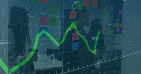 Talking three staff in business attire pointing at Post-its on glass at office, green chart overlay