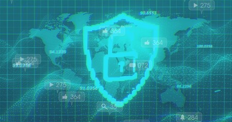 Displaying neon cyan shield with padlock overlaying dotted world map, showing floating UI tags