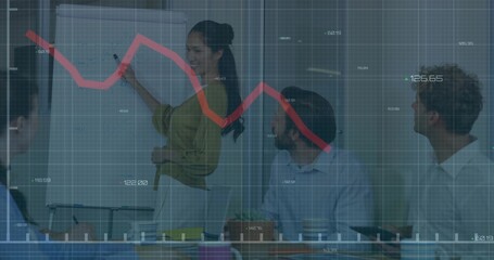 Writing presenter in green blouse pointing at flip chart in meeting room, with marker, red overlay