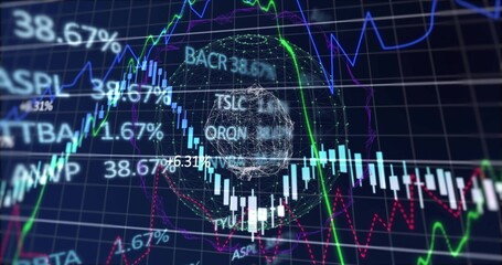 Displaying central candles chart with wire globe on trade screen, showing lines, percents, tickers
