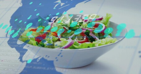 Displaying white bowl holding salad on studio tabletop, with blue map overlay and numeric display © vectorfusionart