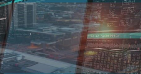 Displaying semi-transparent encryption panels on glass window at control room, showing hex dump