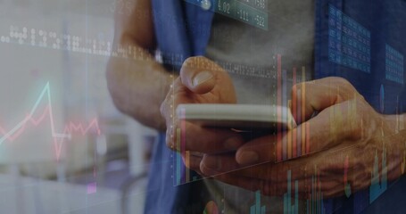Holding medical professional hands in blue scrubs tapping smartphone at clinic, with data overlays