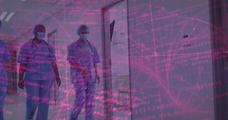 Walking three female nurses in scrubs masks and stethoscope down ward corridor showing data overlay