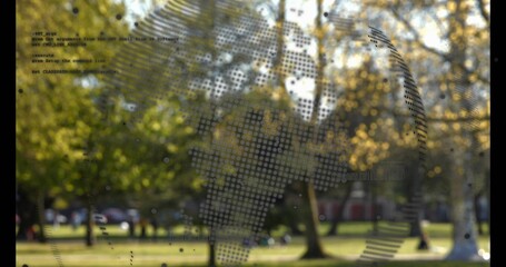 Showing semi-transparent dotted world map overlay obscuring urban park lawn, with code-like text