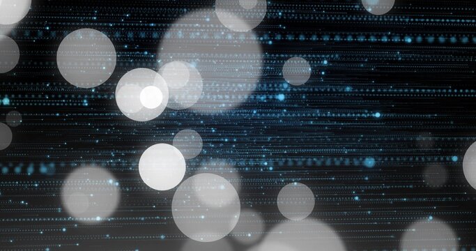 Glowing soft pale bokeh circles drifting across dark digital display with dotted blue data lines