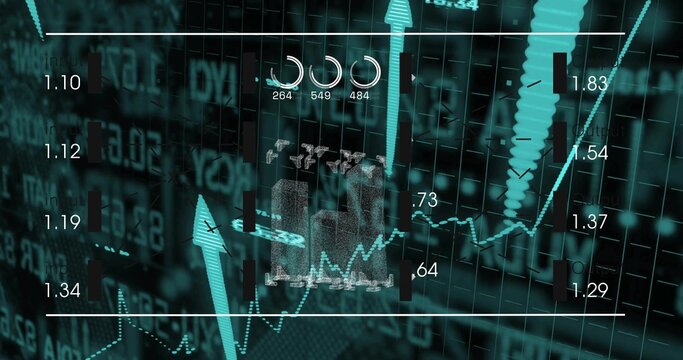 Displaying finance dashboard showing teal upward trend line rising with 3D arrow, candles, meters
