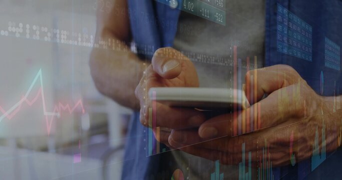 Holding medical professional hands in blue scrubs tapping smartphone at clinic, with data overlays