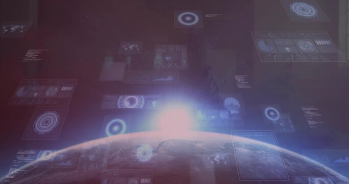 Displaying curved planetary horizon with bright sun flare and holograms in orbit, with charts