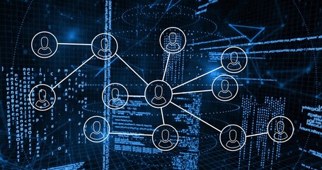 Connecting central hub node linking white circular avatars via spokes in 3D grid, glowing code