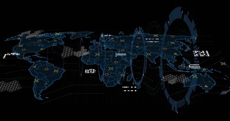 Displaying stylized digital world map overlaying virtual dashboard with HUD rings, nodes, hex grids