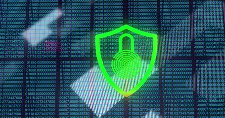 Displaying green shield with padlock fingerprint on screen, hands hovering in longsleeve shirt