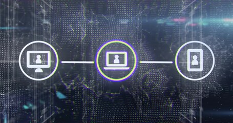 Showing central laptop node glowing with neon ring on digital map, linking desktop and tablet nodes