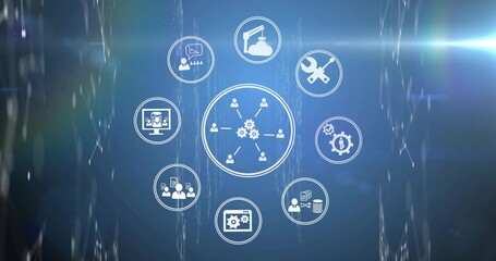 Displaying central hub icon linking user nodes on blue backdrop, with icon ring, light streaks