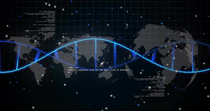Glowing neon double helix ribbon traveling across dotted world map, with code fragments