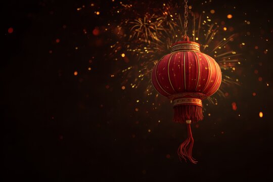 Floating red lantern with gold firework bursting behind it.