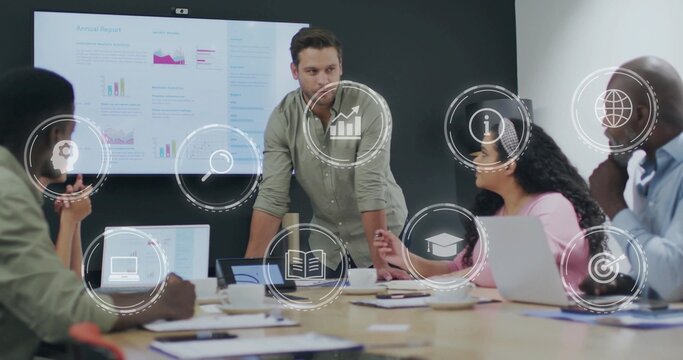 Leading man in shirt leaning and presenting in meeting room, with display-screen, digital-icons
