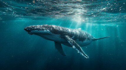 Fototapeta premium 光芒に包まれた海中をゆったり進むザトウクジラの姿