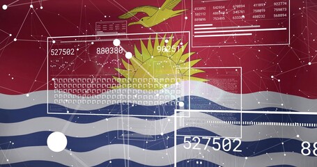Obraz premium Displaying stylized Kiribati flag in vector graphic, showing sun, frigatebird, UI panels and nodes