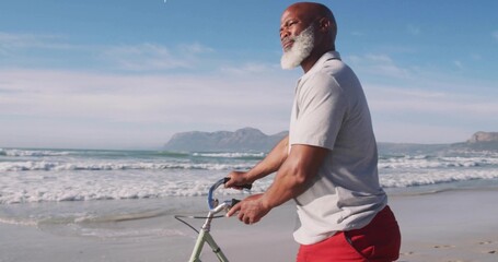 Walking bearded man guiding bicycle on wet sand by sea, wearing gray-polo, red-shorts, copy space