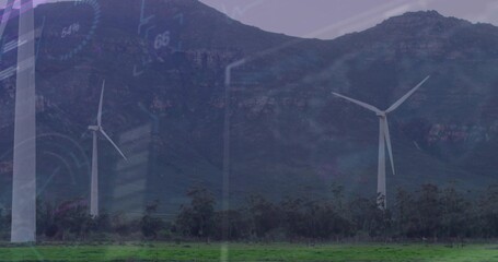 Obraz premium Standing three white turbines dominating mountain base at rural wind farm, with faint GUI overlay