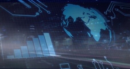 Glowing globe hovering on virtual dashboard, showing ascending bar chart, grid and circuit nodes