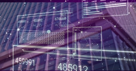 Projecting holographic panels floating over glass steel atrium, showing numeric readouts and nodes