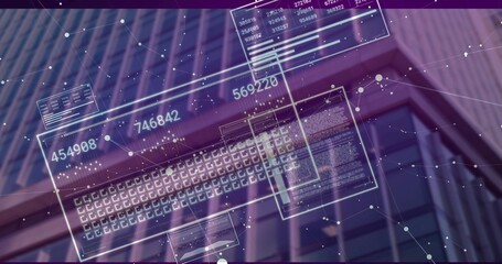 Overlaying AR HUD panels on office facade from low angle, showing numeric readouts and nodes