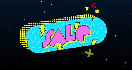 Showing rounded pill banner centered on navy gradient, featuring SALE text, lightning, sprinkles